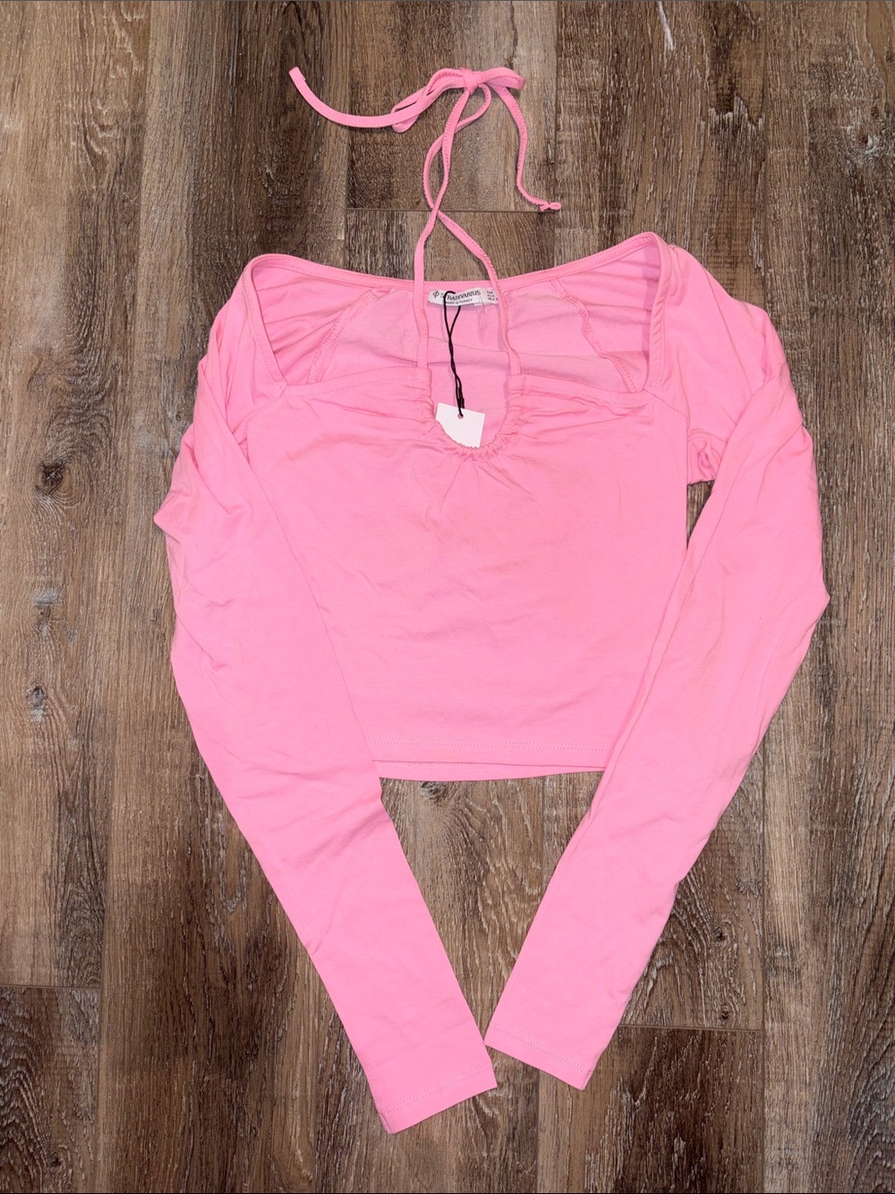 stradivarius Pink Long-Sleeve Square-Neck Crop Top with Tie Back